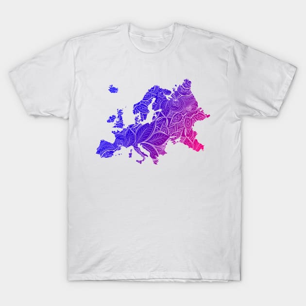 Colorful mandala art map of Europe with text in blue and violet T-Shirt by Happy Citizen